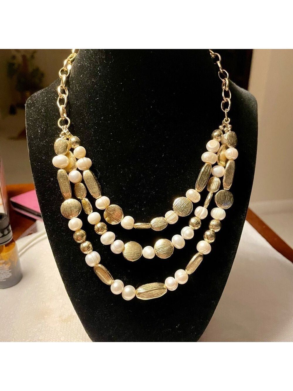 White House Black Market Pearl and Gold Triple Strand Necklace, Shiny & White